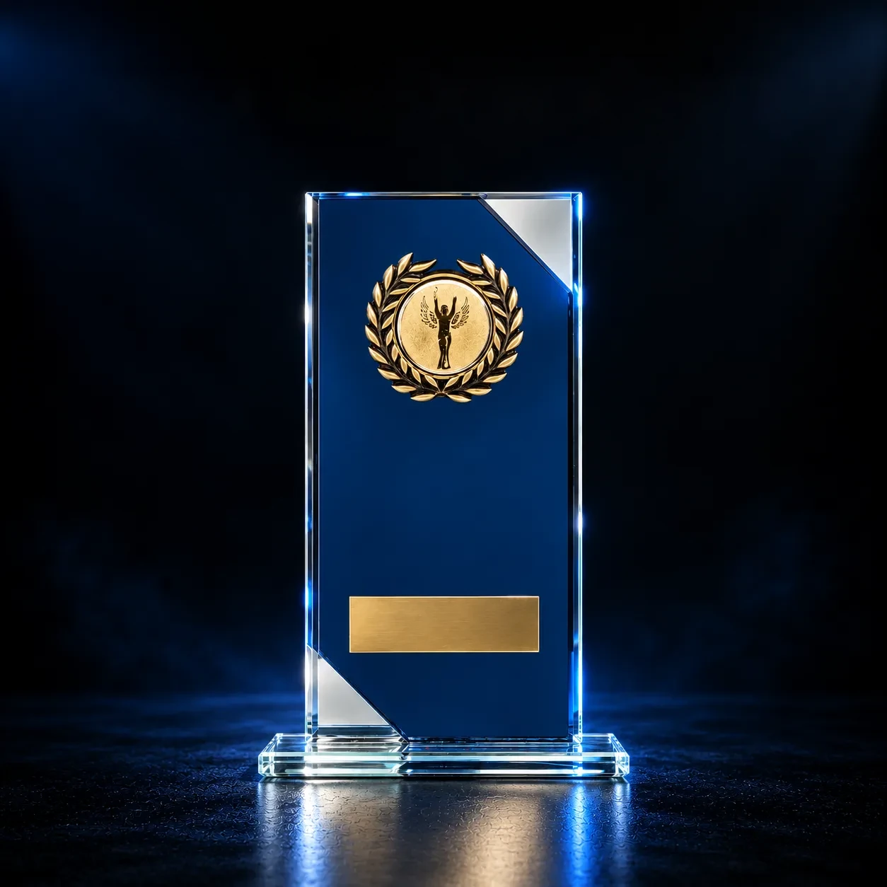 Blue glass award with a gold wreath and engraving plate