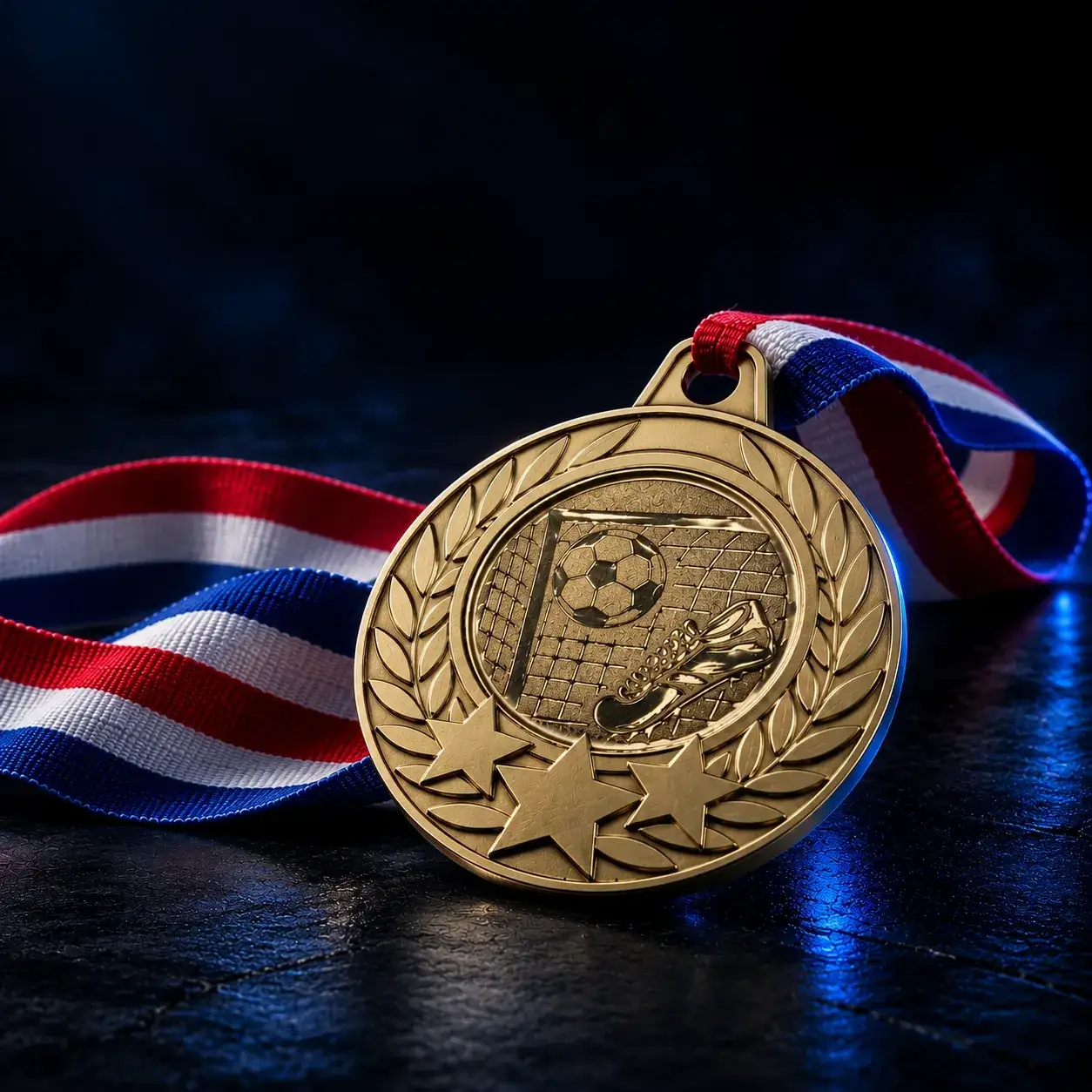 Gold football medal on a red, white and blue ribbon