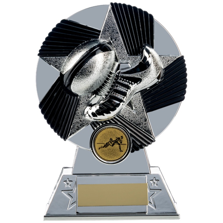 Two Tone Rugby Boot and Ball Stand in Bright Silver  and Black 3 colours