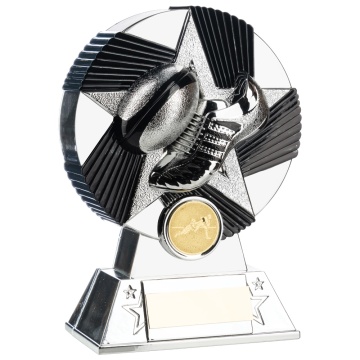 Two Tone Rugby Boot and Ball Stand in Bright Silver  and Black 3 colours