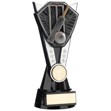 Two Tone  Stand  Cricket Bat and Ball .Silver and Black  4 sizes