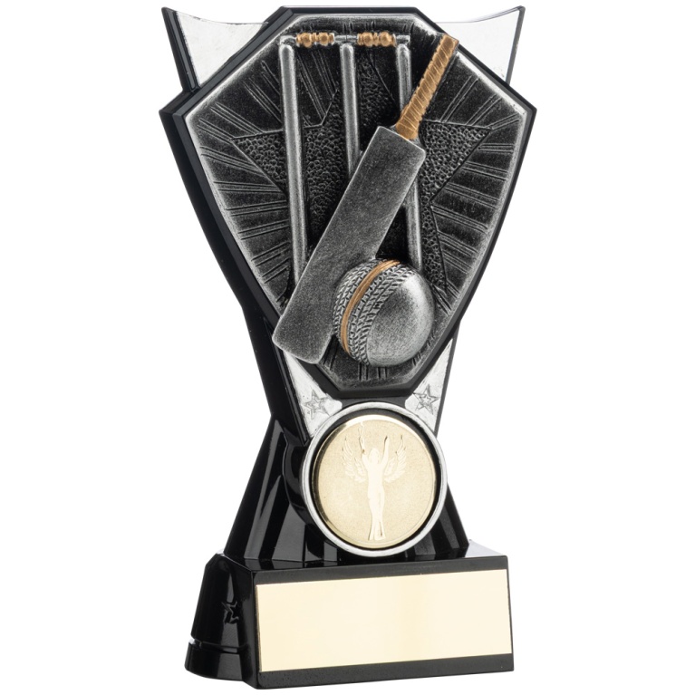 Two Tone  Stand  Cricket Bat and Ball .Silver and Black  4 sizes