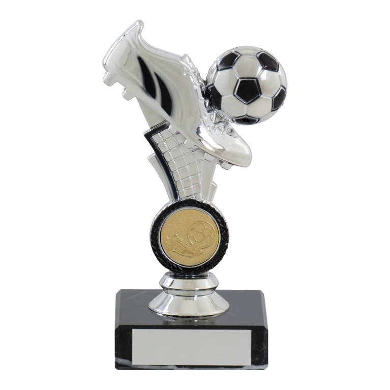 Bright Silver Football Boot and ball on stem with Marble Base for 1" centre 3 sizes
