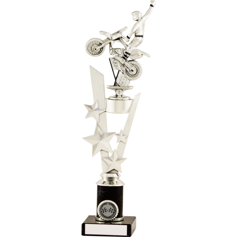 Bright Silver Motor Cycle on Column and Marble base in 7 sizes