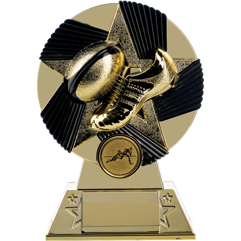 Two Tone Rugby Boot and Ball Stand in Bright Gold and Black 3 colours