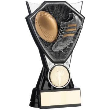 Two Tone  Stand  Rugby Boot and Ball .Silver and Black  4 sizes