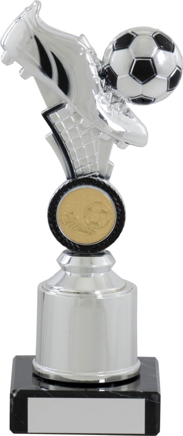 Bright Silver Football Boot and ball on stem with Marble Base for 1" centre 3 sizes