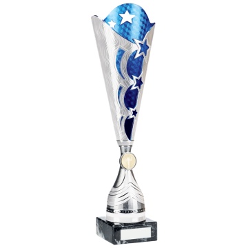 Bright Silver and Blue Cup Trophy  in 3 sizes