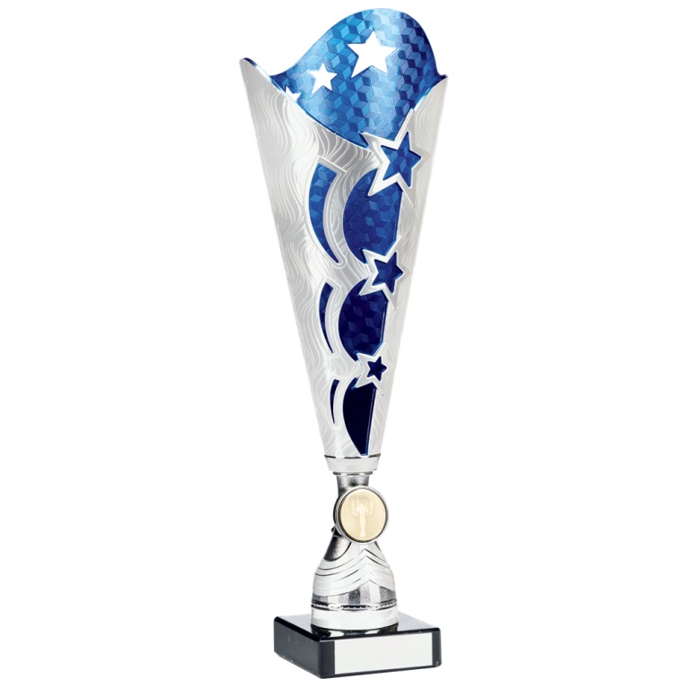 Bright Silver and Blue Cup Trophy  in 3 sizes